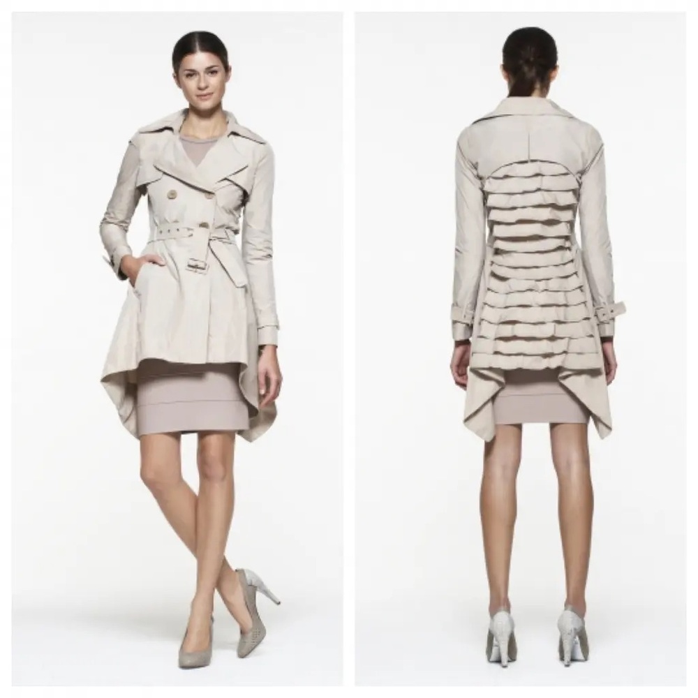 BCBG Ophelia Ruffle Hem Cream Trench Coat
